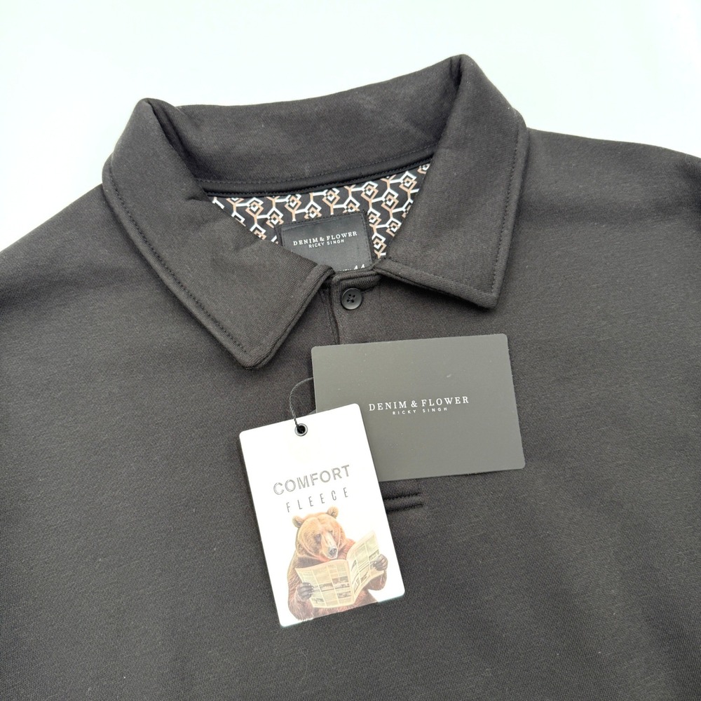 Denim & Flower Ricky Singh Mens Black Comfort Fleece Polo Sweatshirt XL NEW